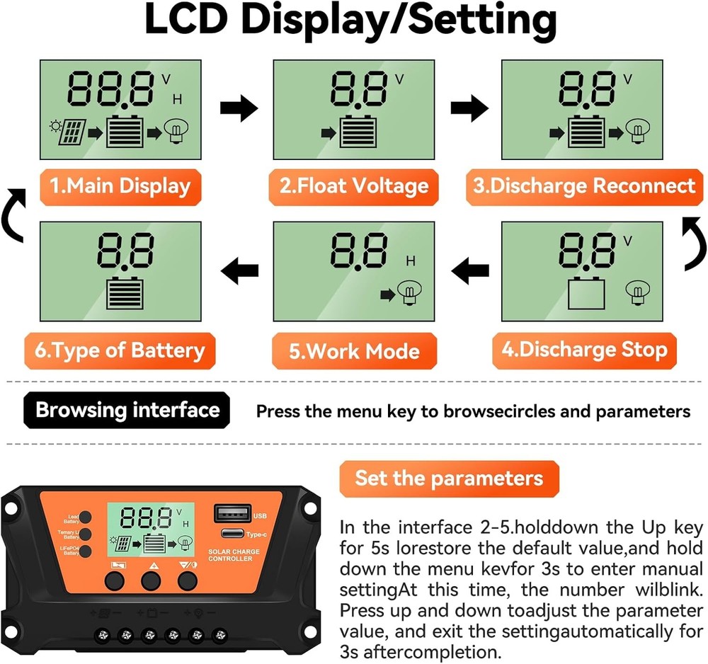 30-100A MPPT Solar Panel Regulator Charge Controller 12V/24V Auto Focus Tracking