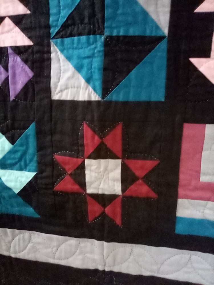 Handmade Sampler Quilted Wall Hanging 34x34 Black with Multicolor