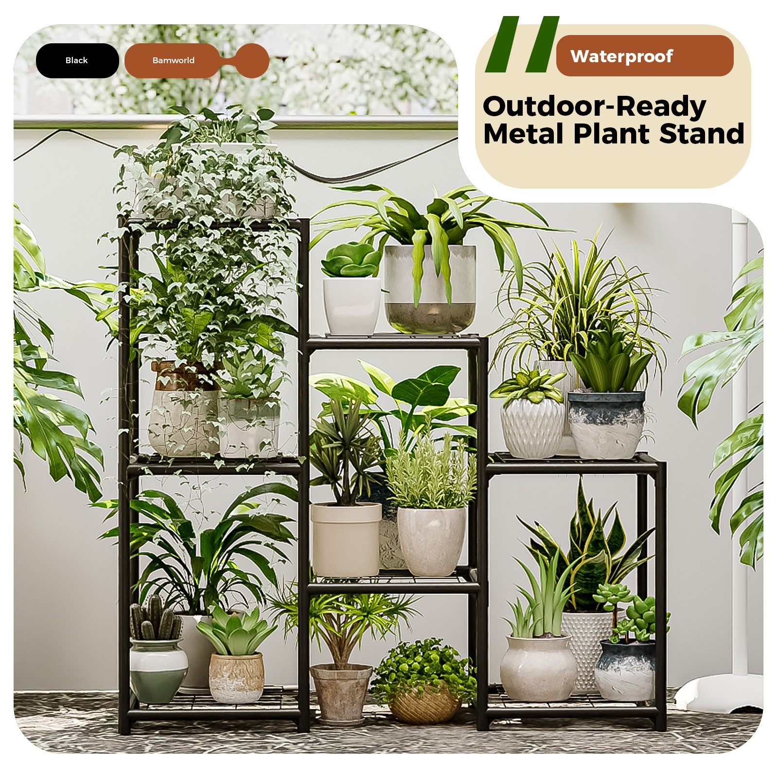 Bamworld Black Plant Stand Outdoor Metal Plant Shelf 3 Tiers Ladder Plant Holder