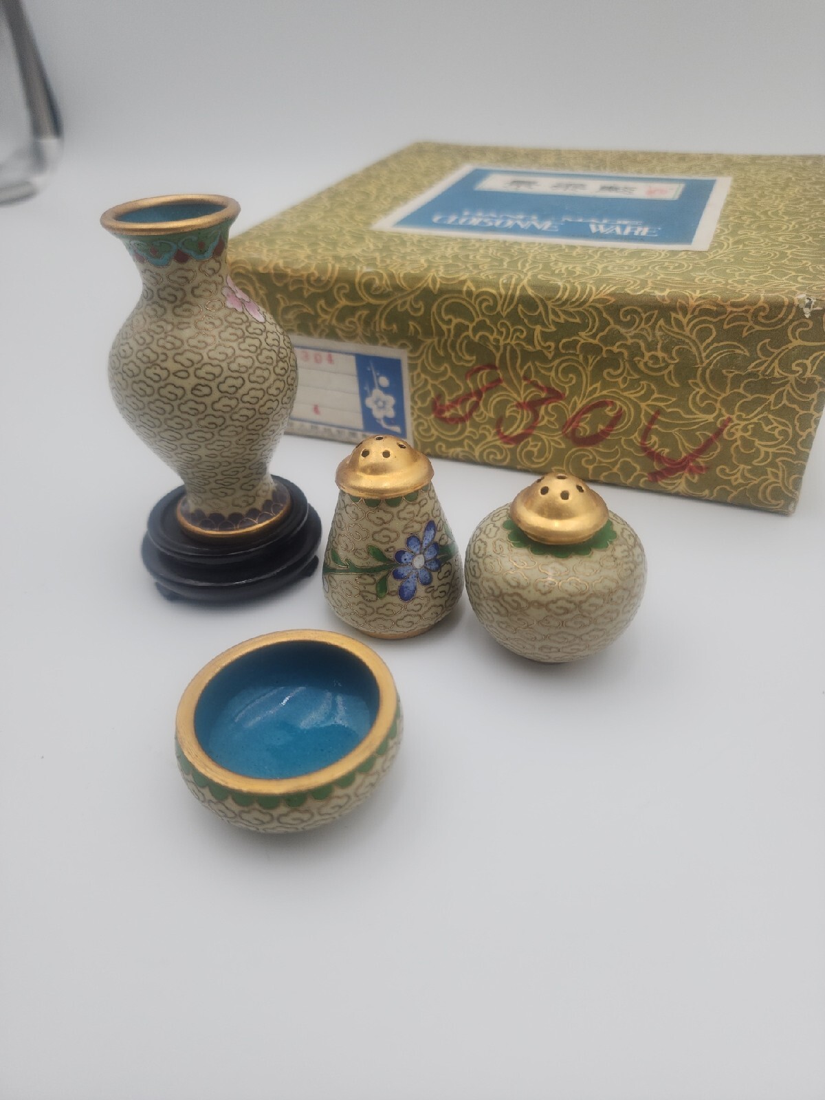 Vintage floral enamel cloisonne set- salt, pepper, vase, bowl, stand