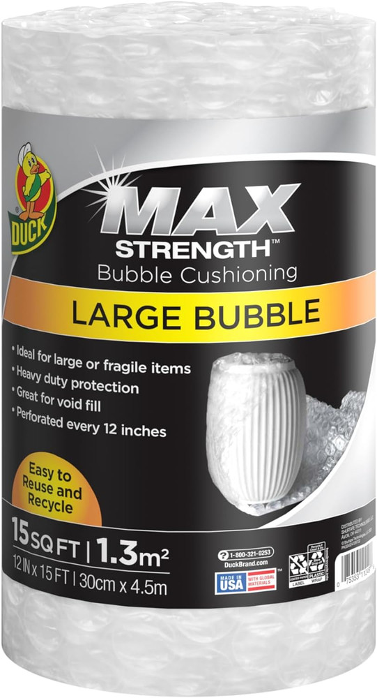 15' Max Strength Bubble Cushioning Wrap for Moving & Shipping, Large Bubble Wrap