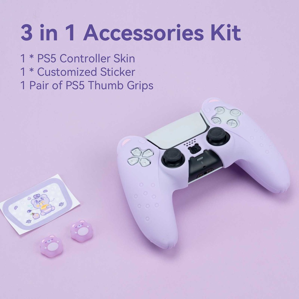 GeekShare Purple Bear PS5 Controller Skin Protective Case +Thumb Grips +Sticker