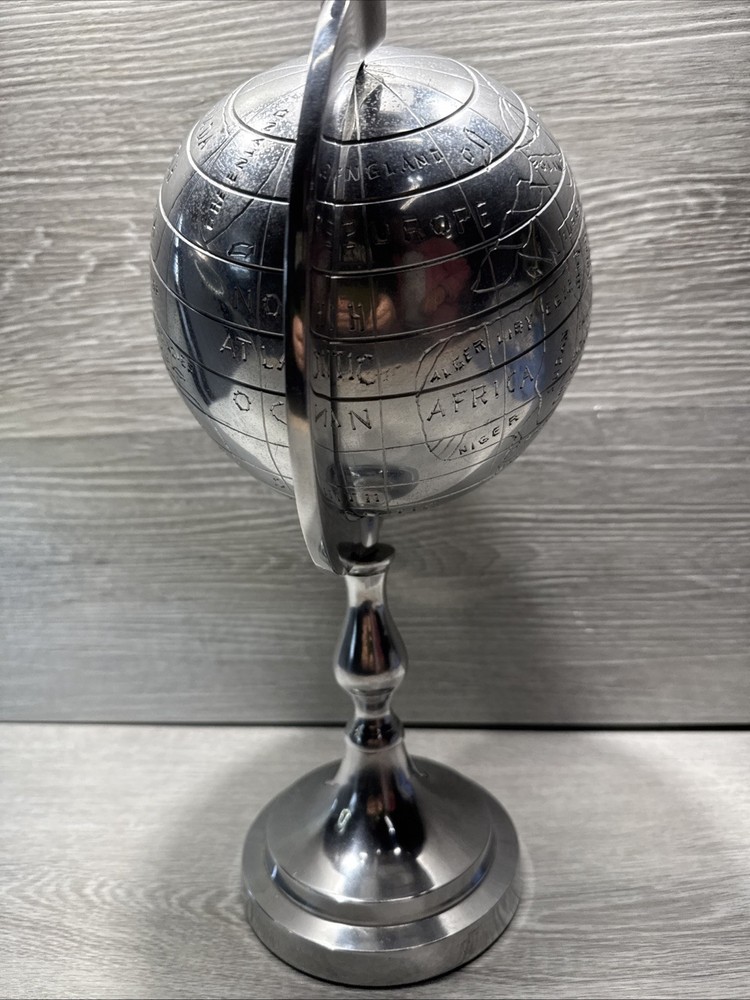 Decorative Rotating 14” Metal Silver Desk Globe