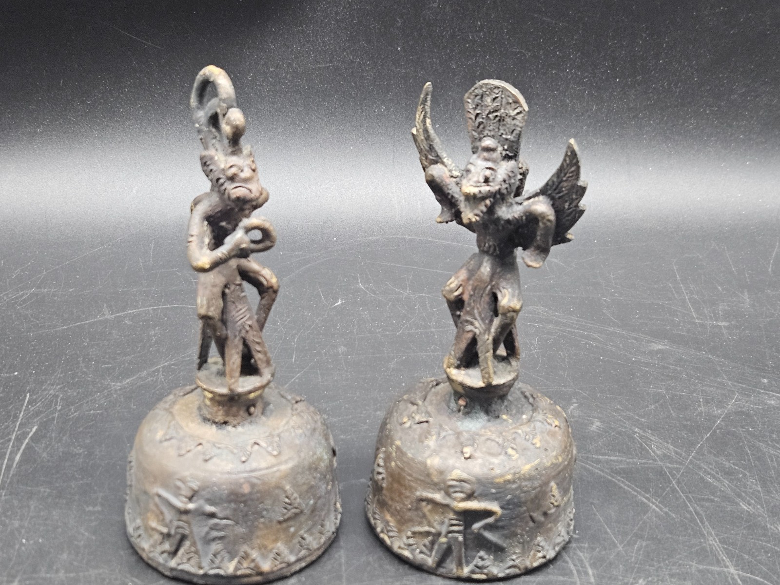 Pair Vintage Bronze God Garuda Ceremonial Bells Indonesia Buddhism