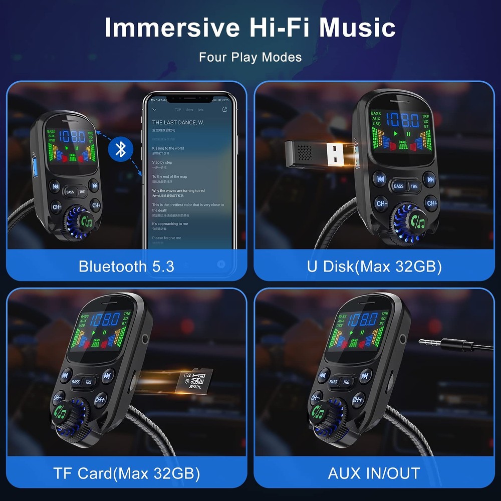 Bluetooth 5.3 FM Transmitter for Car Bluetooth Car Adapter PD30W & USB Port F...