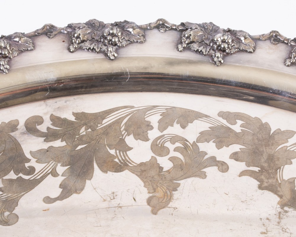 Vintage Reed & Barton Silverplate Oval Serving Tray Grape Pattern Handles 23"