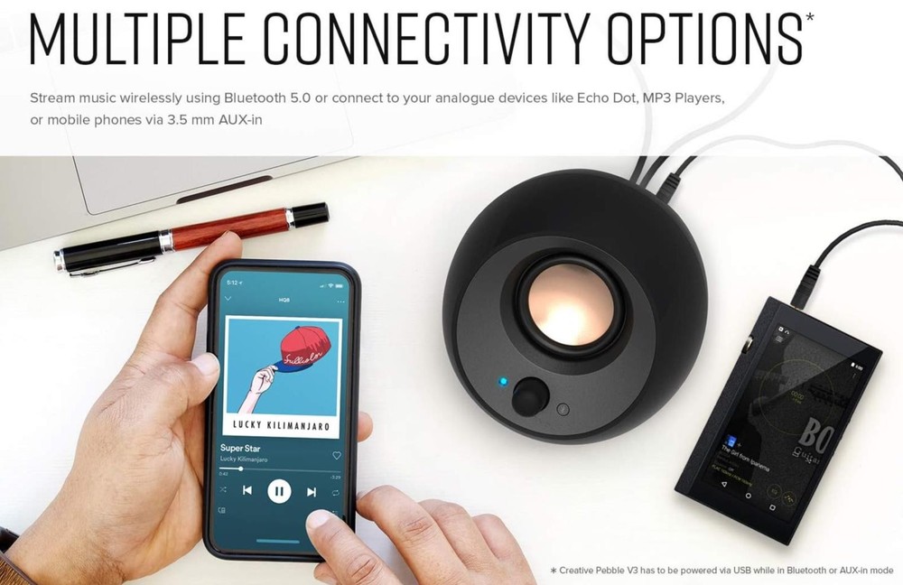 Creative Pebble V3 Minimalistic 2.0 USB-C Bluetooth 5.0 Desktop Speakers - Black