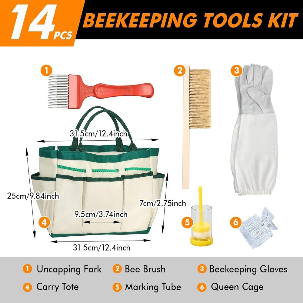 Complete Beekeeping Equipment Set with Protective Gloves and Multi-Pocket Tote