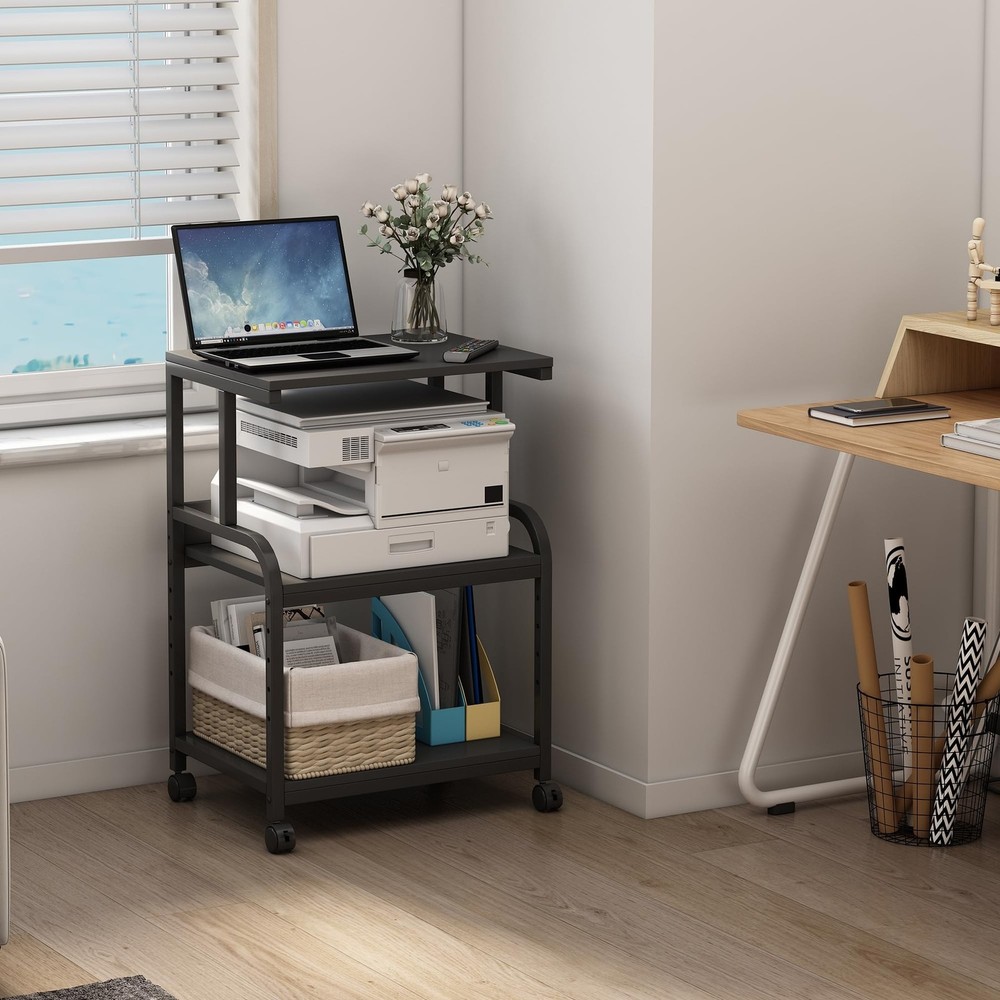 Printer Stand, 3 Tier Printer Table with Height Adjustable Storage Shelf, Rol...