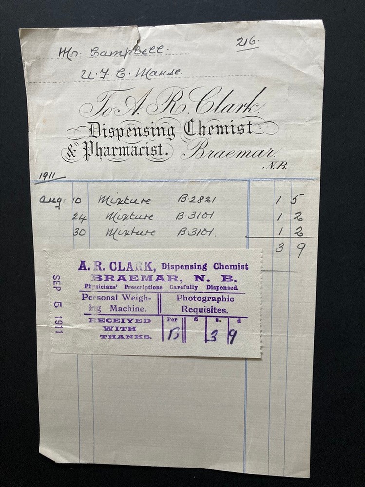 1911 AR Clark Chemist Pharmacist Braemar bill invoice advice