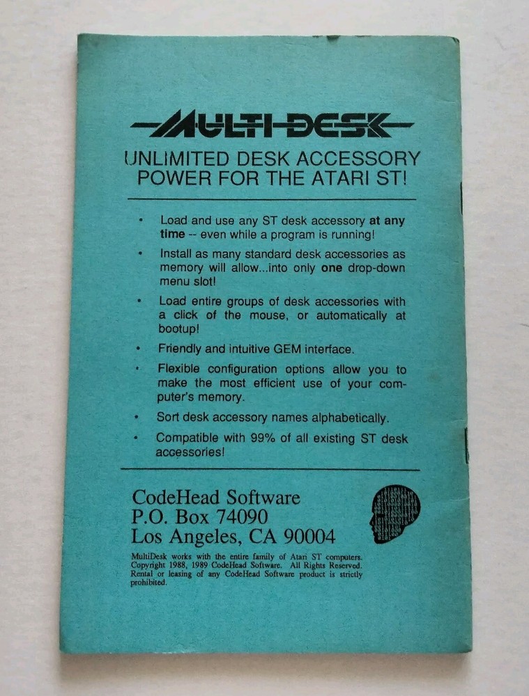 Multi Desk 1988 Vintage Atari ST CodeHead Software 3.5" Disk and Manual