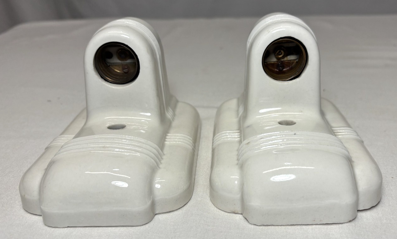 Vtg Porcelain Sconce Light Pair Paulding Ceramic Wall Fixture Art Deco USA #L59