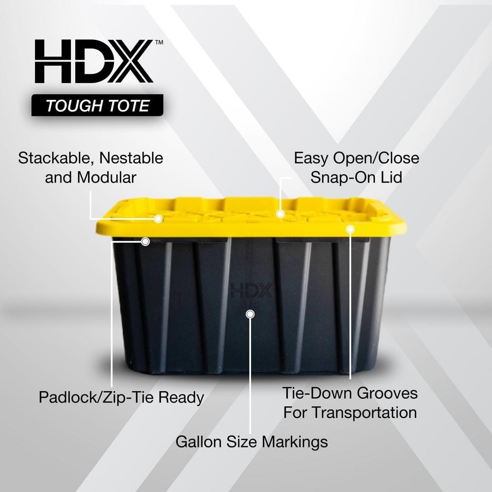 HDX 27 Gal. Tough Storage Tote 4 Pack Black Yellow Lid New