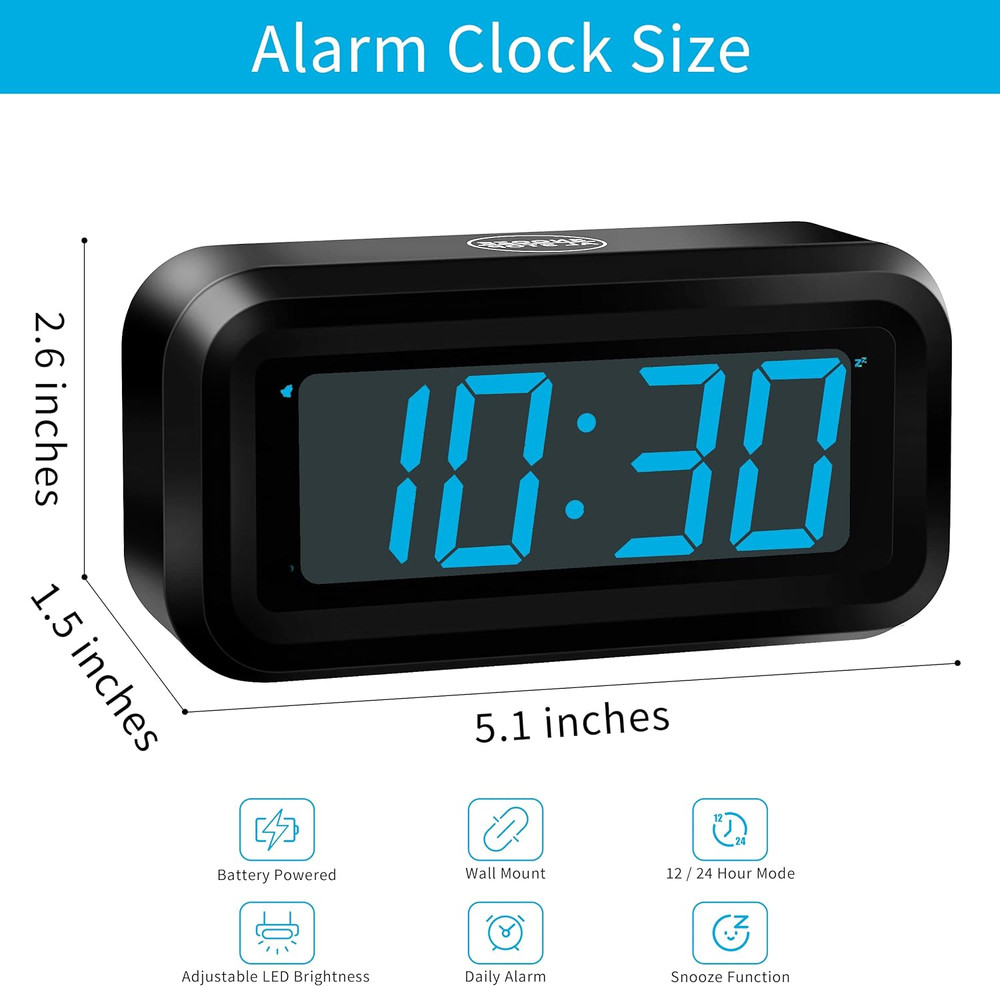 KWANWA Alarm Clock, Digital Clock, Constantly 1.2'' LED Blue Digits Display, Bat