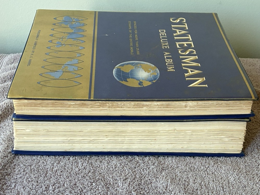 TWO (2) 1966 Ed. STATESMAN DELUXE STAMP ALBUMS W/SOME STAMPS~BOTH IN GREAT COND.