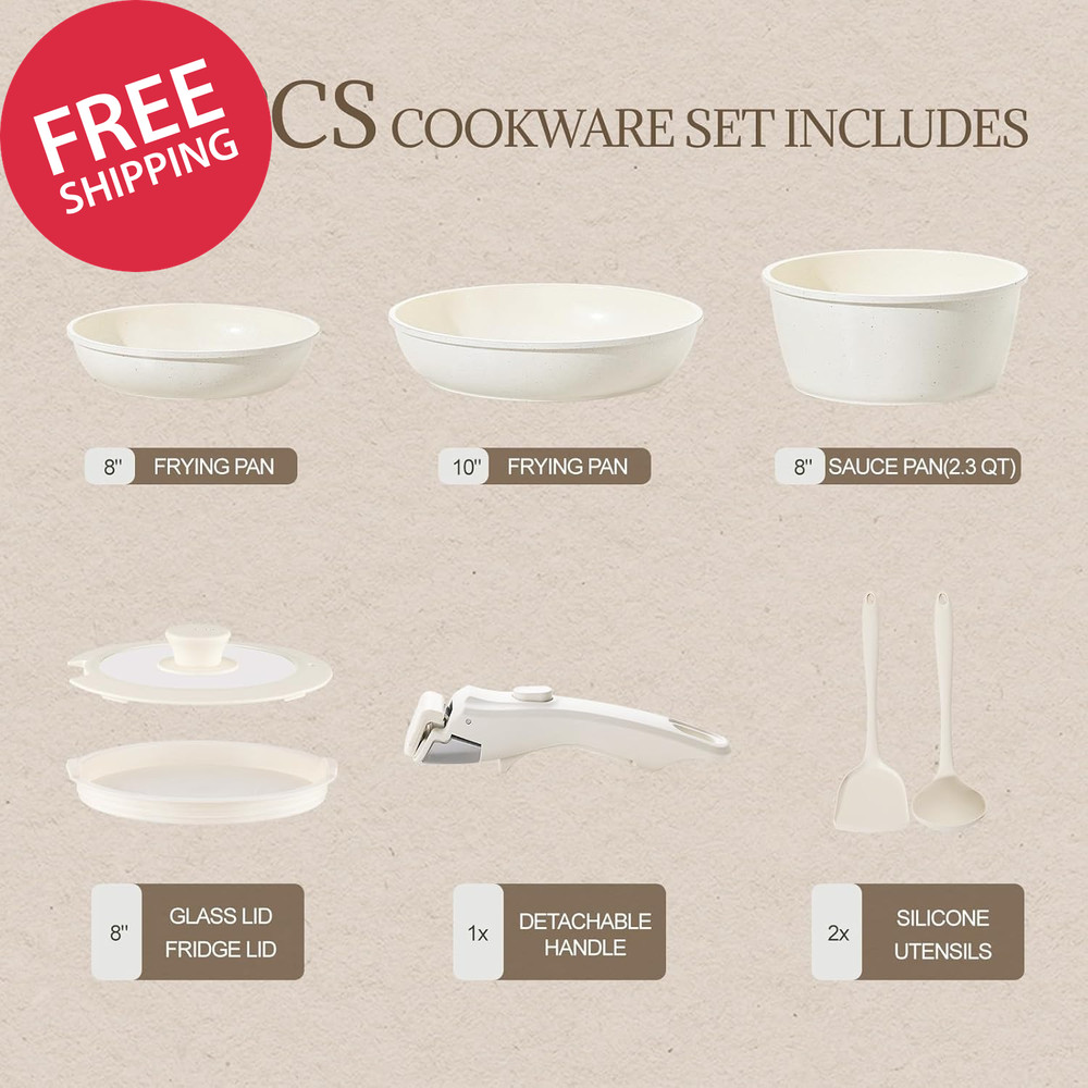 8 Pcs Ceramic Cookware Set Non Stick Pots and Pans Detachable Handle Induction