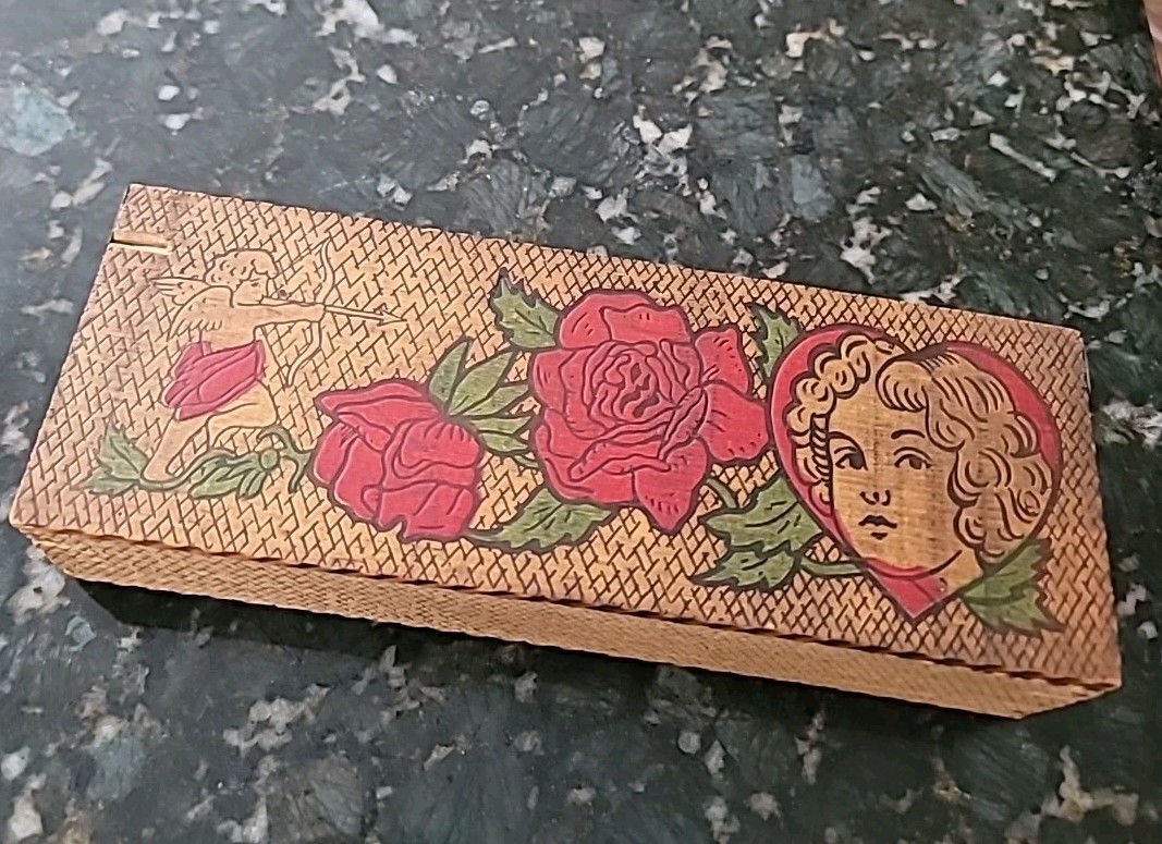 Antique Pyography Box Wood Valentine Painted Hearts Cupid Lady UNIQUE 10×3 1/2×2