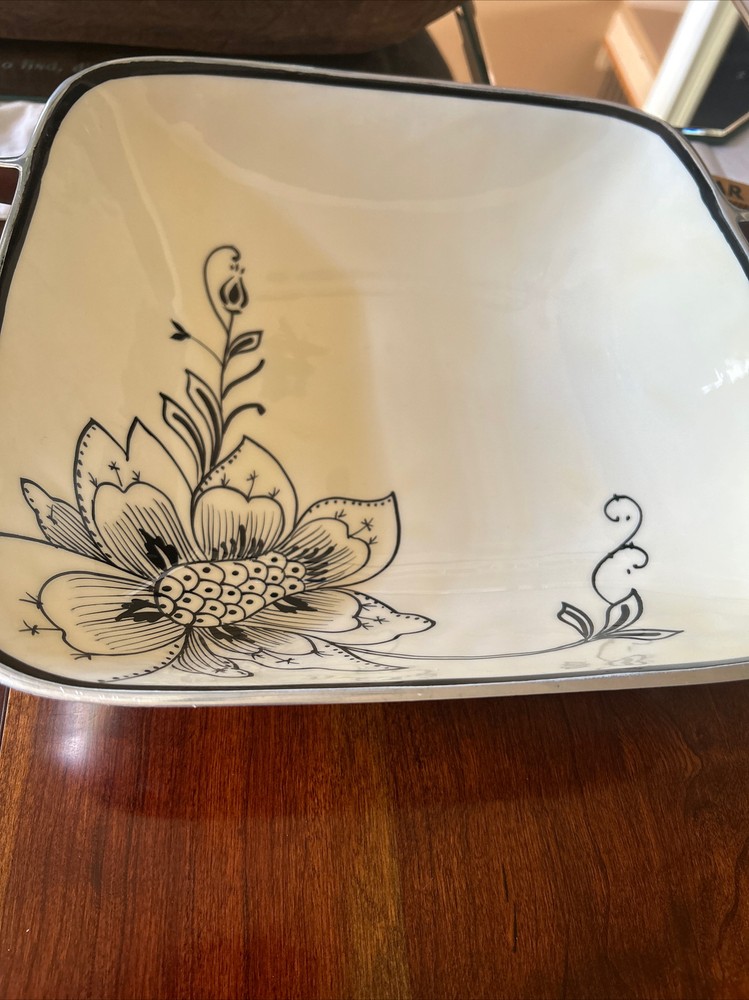 Gorham Serving Platter Rectangular Bowl Beaded Handles 14"x 11" Evening Bloom