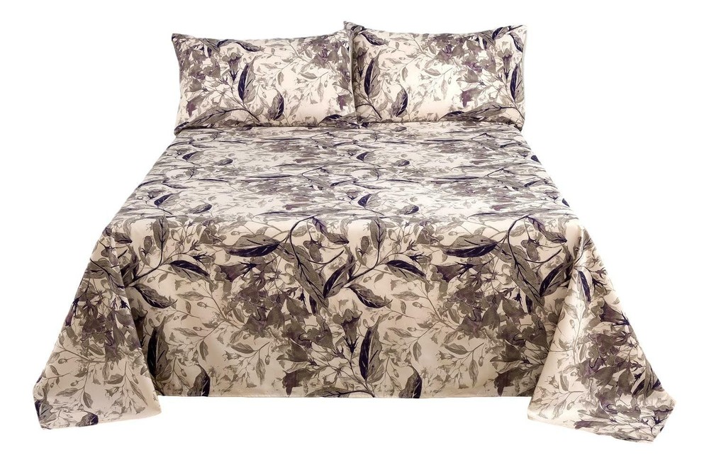 Tache Microfiber Abstract Wispy Leaf Taupe Grey Print Pattern Flat Sheet only