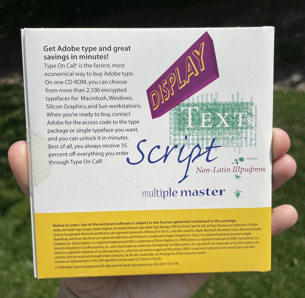 Adobe Type On Call Version 4.1 Macintosh Windows Unix Sun Font Typefaces CD-ROM