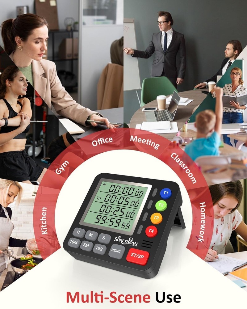 Digital Kitchen Timer for Cooking - 4 Channel Count Up Countdown Timer with L...