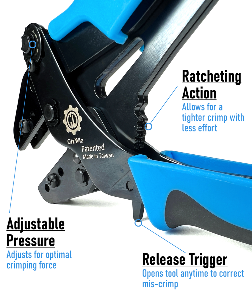 GIZWIZ Interchangeable Parallel Ratchet Crimp Tool Insulated Ring Terminals