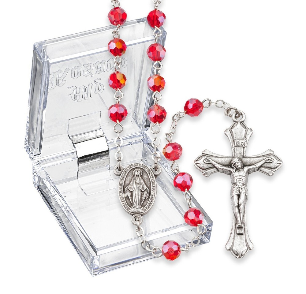 Ruby July Birthstone Rosary, 20", Made in Italy, Lucite Box