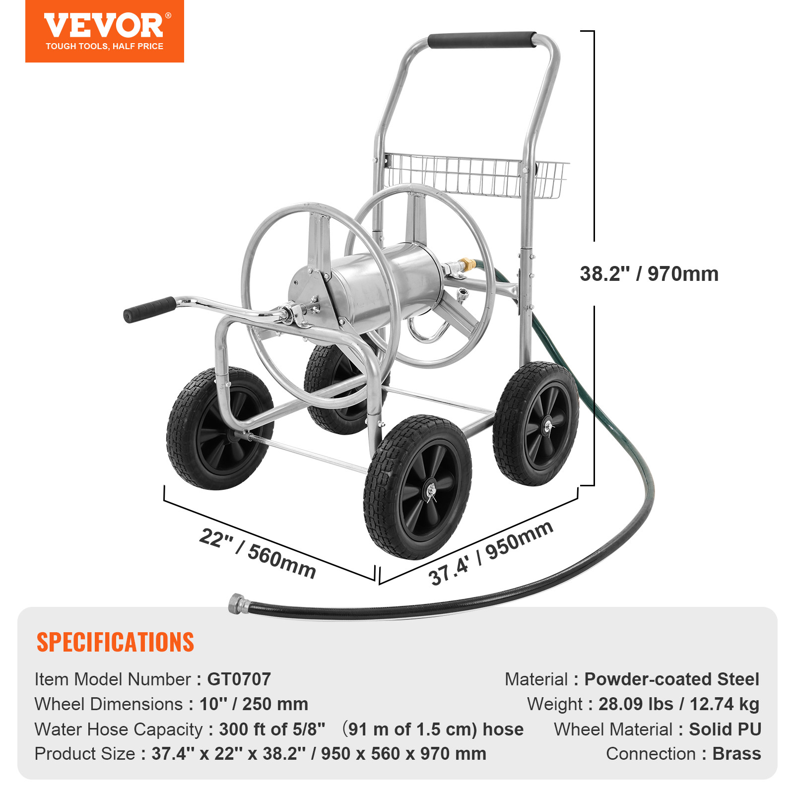 VEVOR Hose Reel Cart 300ft Heavy Duty Garden Water Cart