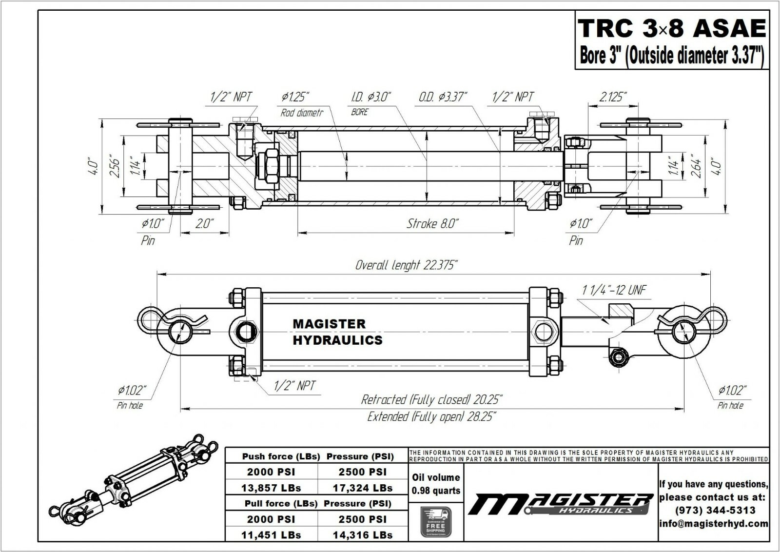 Hydraulic Cylinder Tie Rod Double Action 3" Bore 8" Stroke 2500 PSI 3x8 ASAE