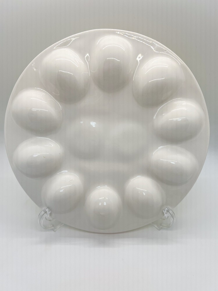 Vintage Ceramic ?Enesco Easter deviled eggs platter round, green/yellow/red 9”