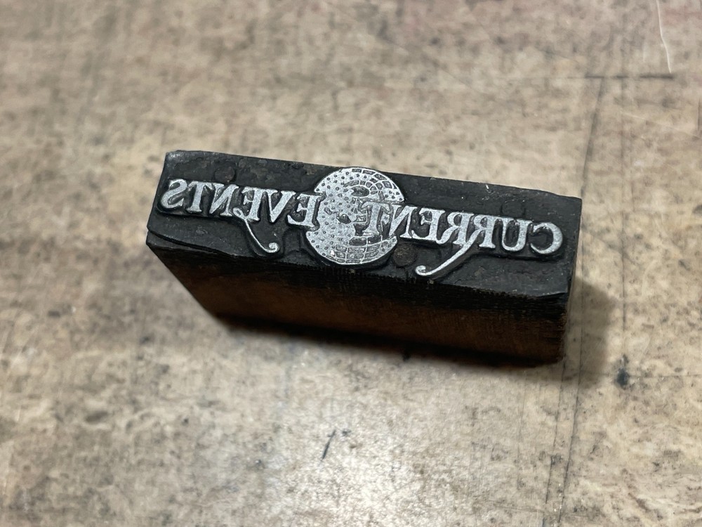 Printing Letterpress Printers Block 'Current Events' Header With Globe (2101)