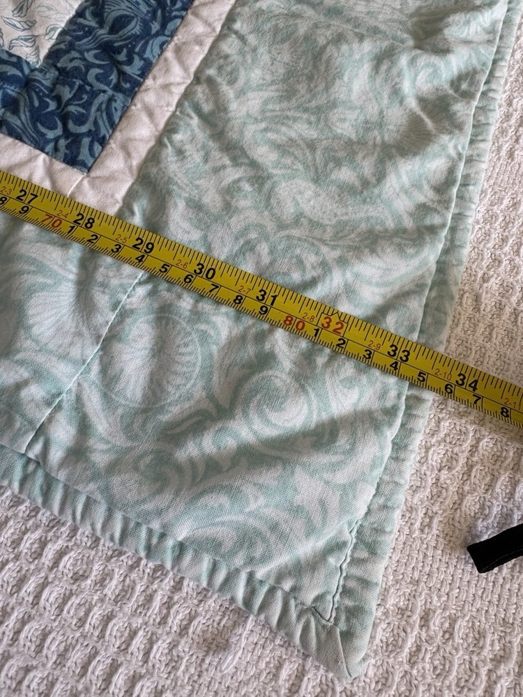 Machine and Handmade Patchwork Lap/ Crib Block Quilt w/ Blue Seashell 42x32”