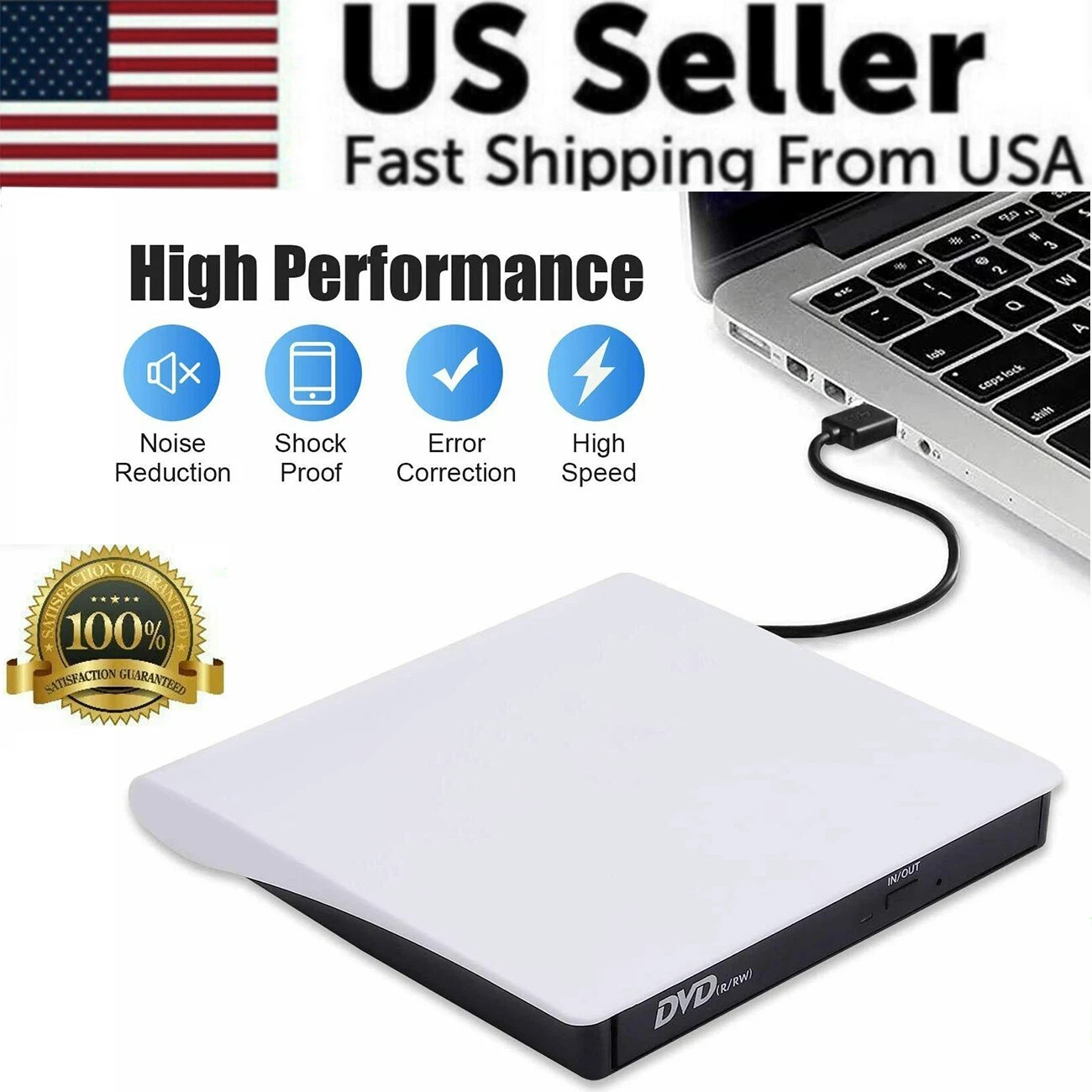 Slim External USB CD DVD ROM Writer Drive Burner Reader Player PC Laptop US