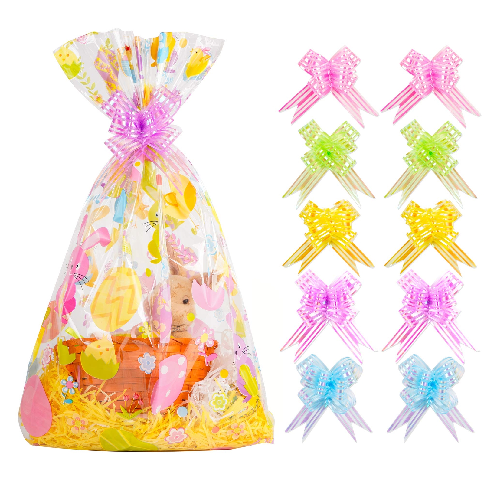 20pcs Basket Bags pull bow Set 10 pieces Easter Cellophane Wrap Plastic Bag 1...