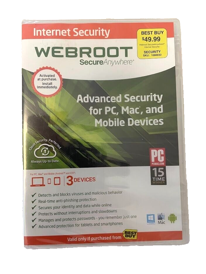 NEW Webroot Secure Anywhere Internet Security Plus 3 Devices Windows PC Mac iOS