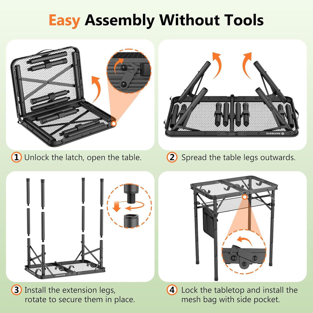 Folding Grill Table for Outside, 3 Height Adjustable Small Camping Table with Me