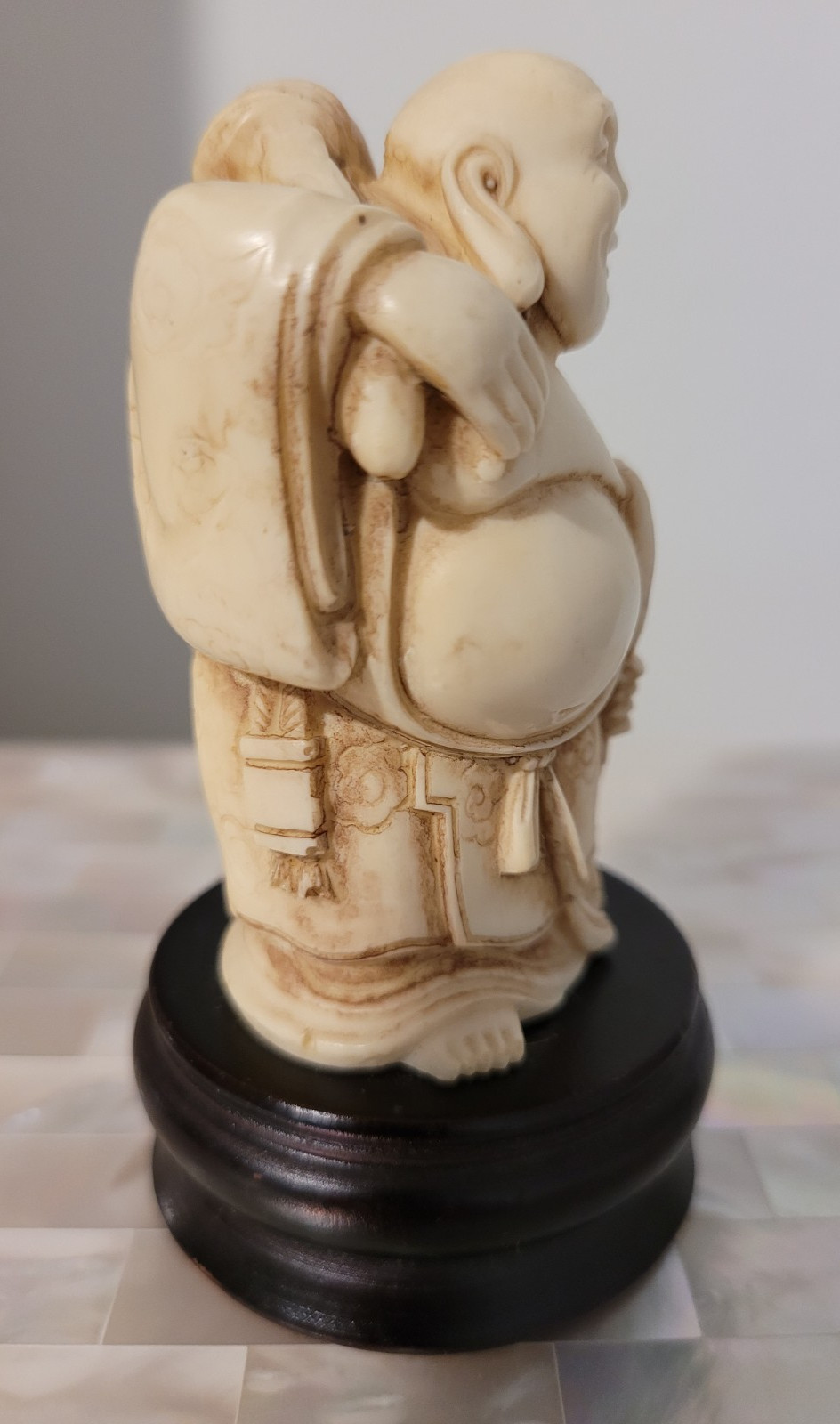 Vintage Japanese Carved Happy Buddha Figurine on Wood Stand 3-3/4" tall