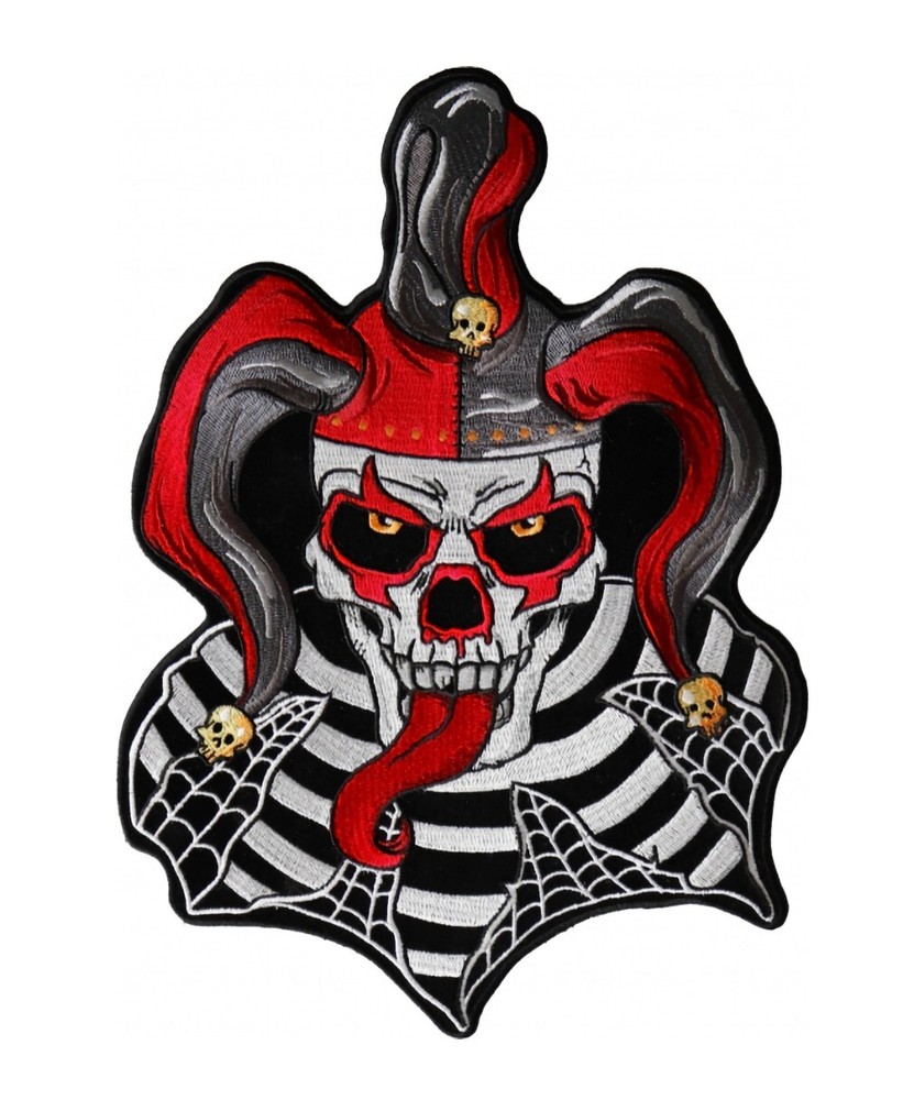 Small Evil Jester Joker Skull In Red Embroidered Biker Patch