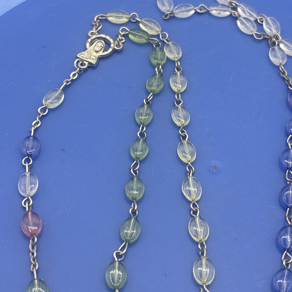 Vtg Pastel Translucent Rosary Oval Beads Crucifix Catholic Prayer Beads Easter