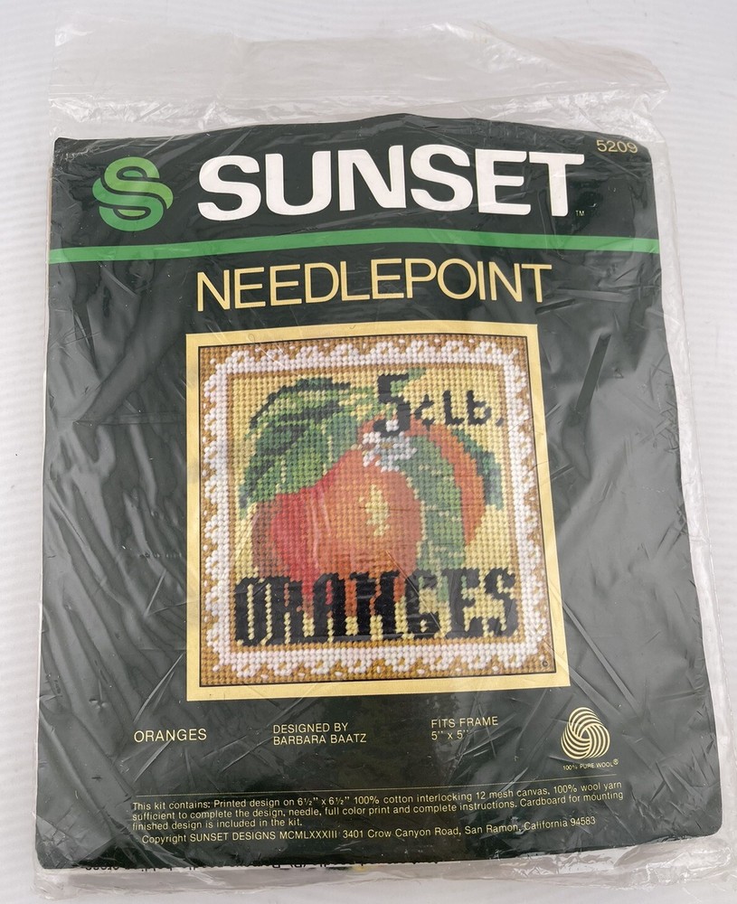 1985 SUNSET Needlepoint Kit #5209 “5 Cents Lb Oranges” Fits Frame 5”x5”