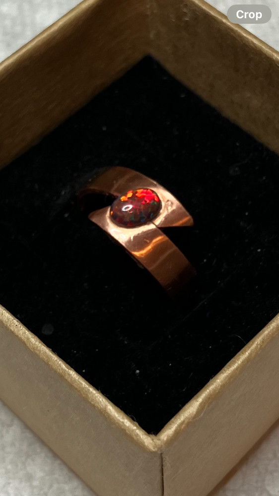 #227B- Hand-Crafted Size 6 Copper Ring with a Cherry Red 6x4 mm Lab Created Opal