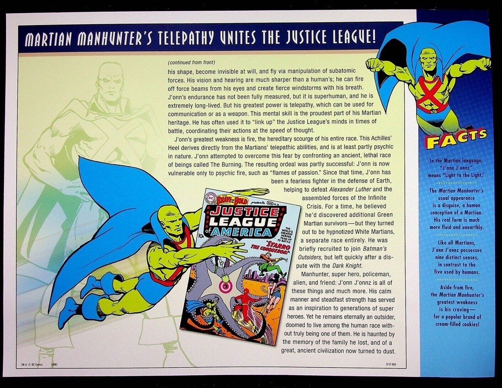 MARTIAN MANHUNTER PATCH on INFO CARD Willabee & Ward DC COMICS PATCH COLLECTION