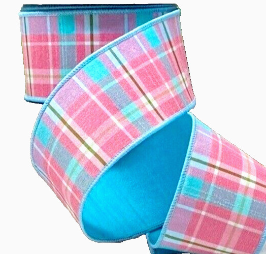 Pink Blue Plaid 2.5" by 2 yds d. Stevens Wired Ribbon Dupion Fused Double-sided