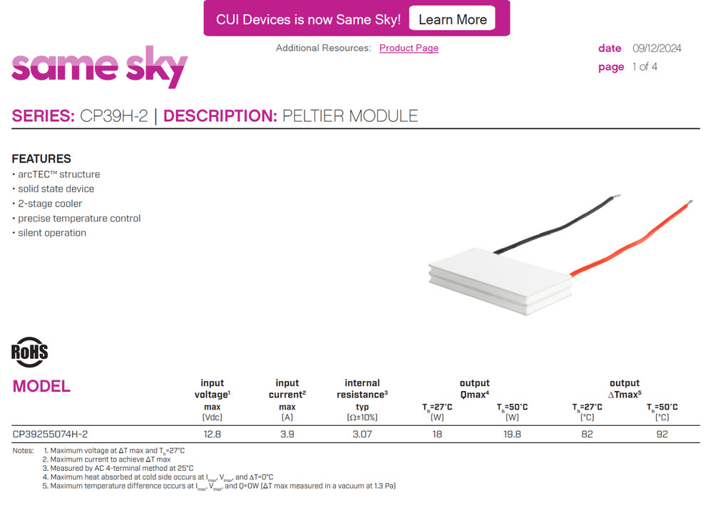 Same Sky Multi-Stage (Dual) Peltier TEC Module, 12.8V, 3.9A, ΔTmax=92C, Qmax=20W