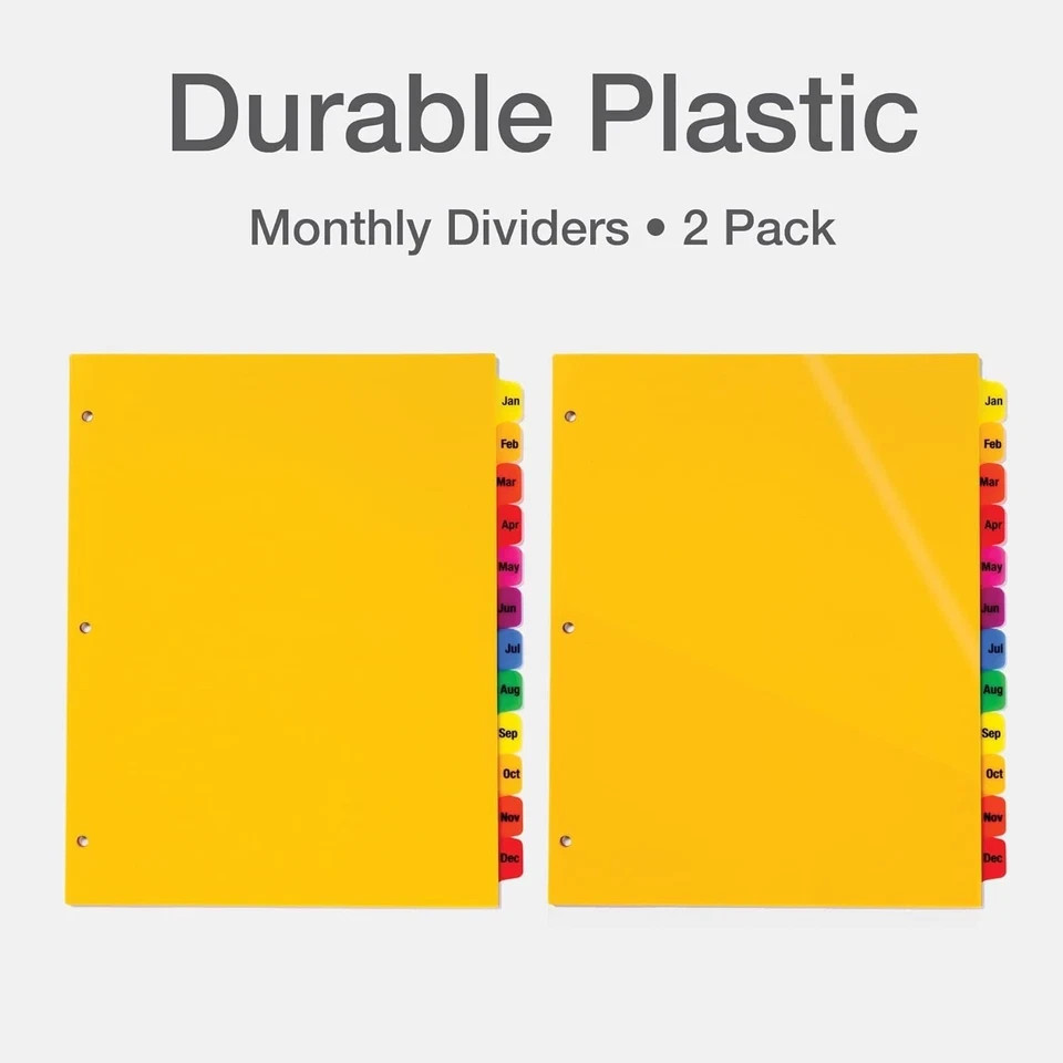 Oxford Plastic Monthly Dividers for 3 Ring Binders, 12 Multicolor Assorted