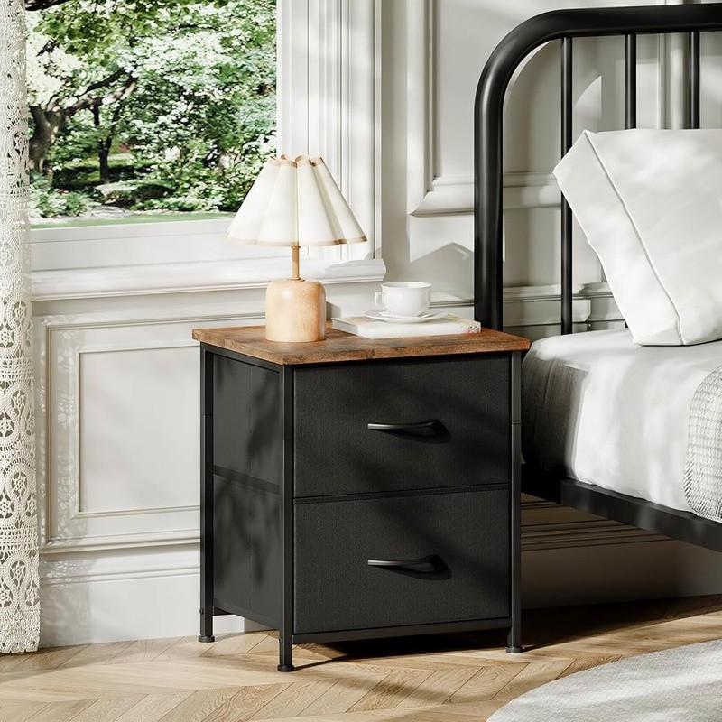 Space Saving Nightstand 2 Drawers Sturdy Metal Frame Easy Assembly Eco-Friendly