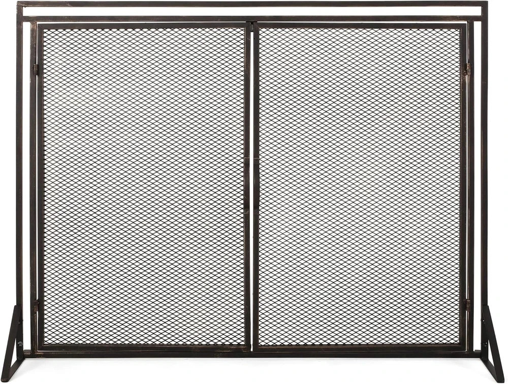 40" Iron Fireplace Screen Matte Black, Modern Single Panel with 2 Access Doors