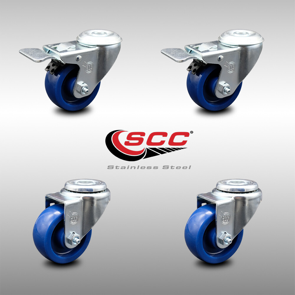 3 Inch SS Solid Polyurethane Swivel Bolt Hole Caster Set with 2 Total Lock Brake