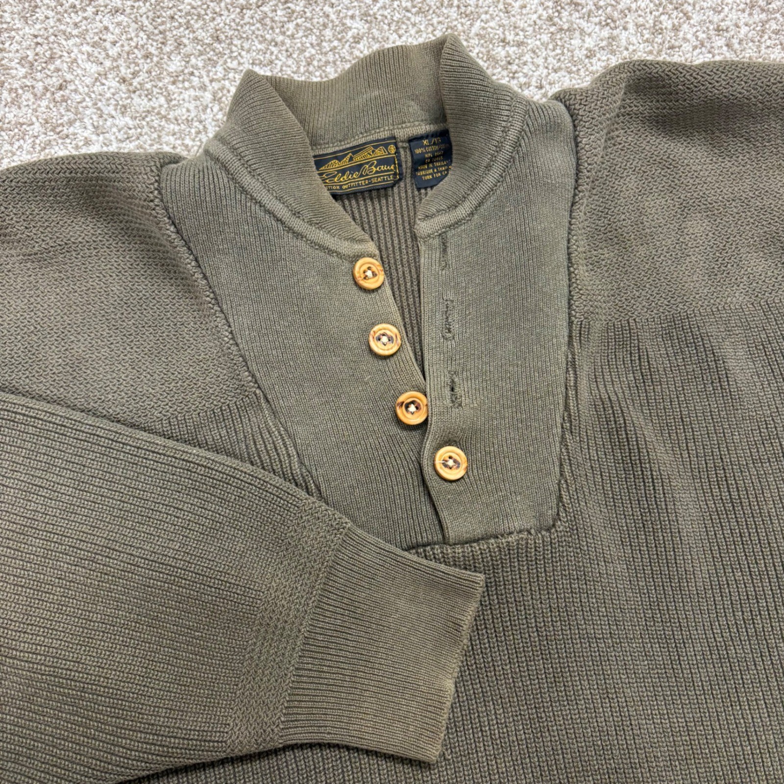 Vintage Eddie Bauer Henley Sweater Mens XL Olive Green Ribbed Cotton Mock Neck