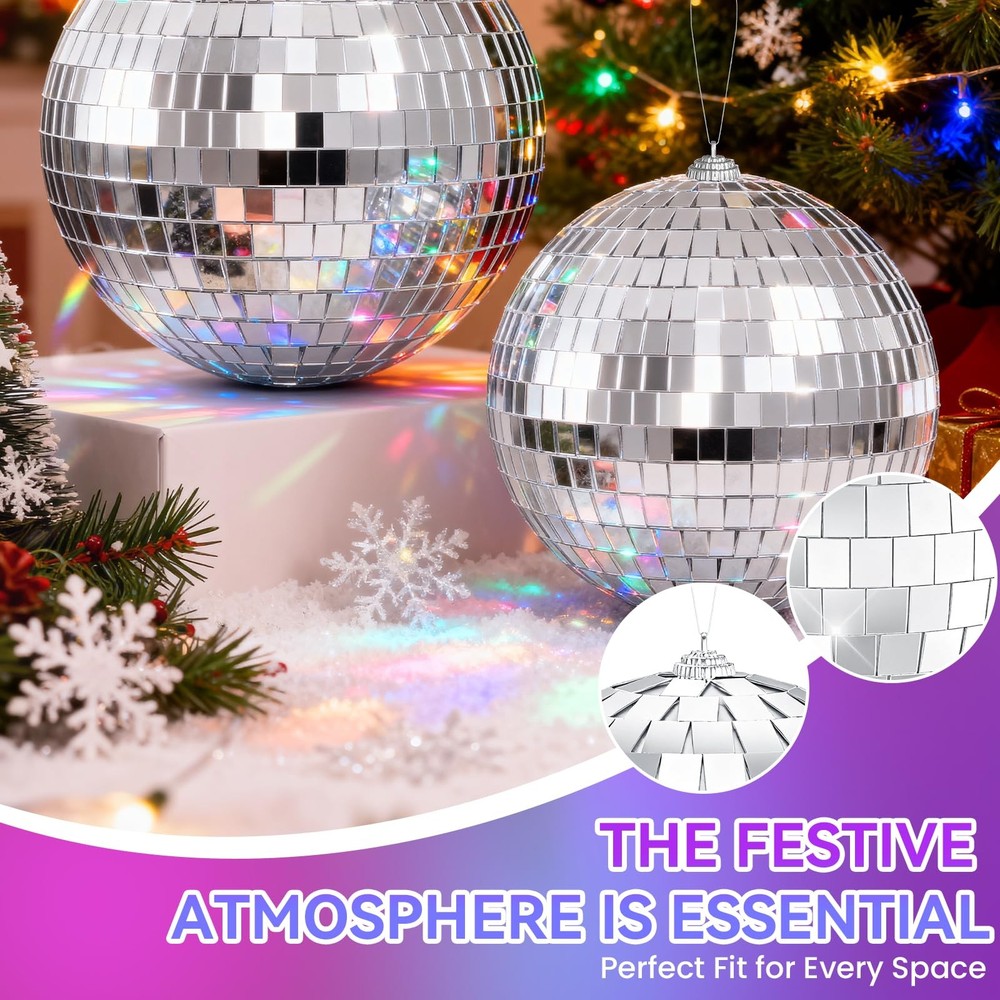 Disco Ball 4" Inch 2-Pack,Silver Hanging Ball with Attached String for Ring,R...